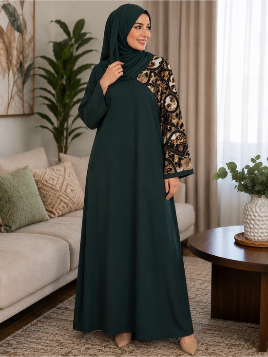 Unbranded Dresses & Skirts - Galabiya Elegant Dark Green Modest Maxi Dress with Patterned Sleeve
